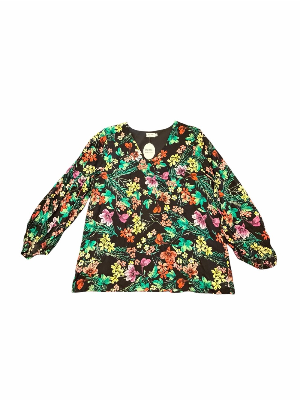 Qearal Colorful Floral Black‎ 3/4 Sleeve Blouse NEW Large V-Neck Business Casual
